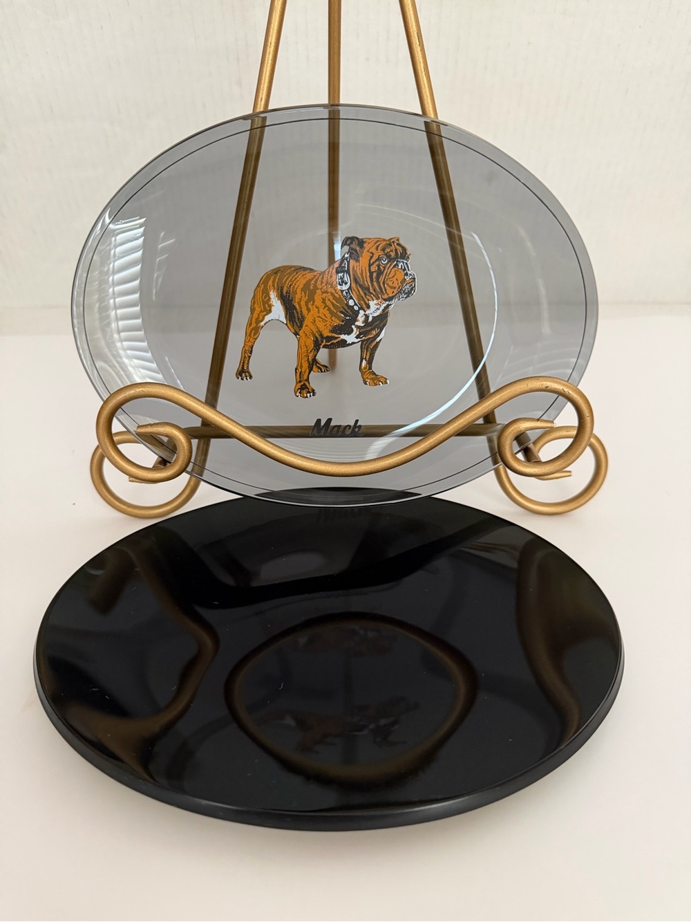 Two Vintage Smoked Glass Mack Truck Bulldog Serving Dish Trays 8.5x6.5”